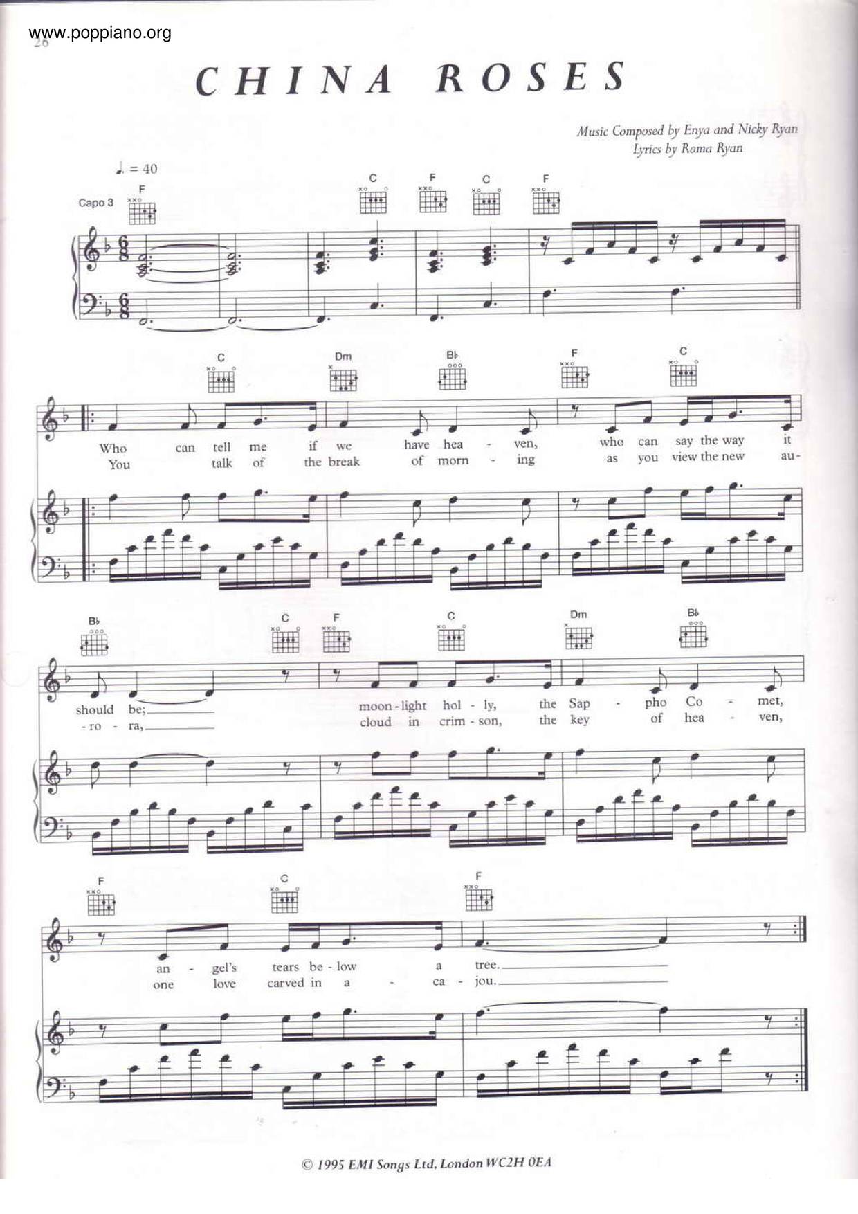 EnyaChina Roses Sheet Music pdf, Free Score Download ★