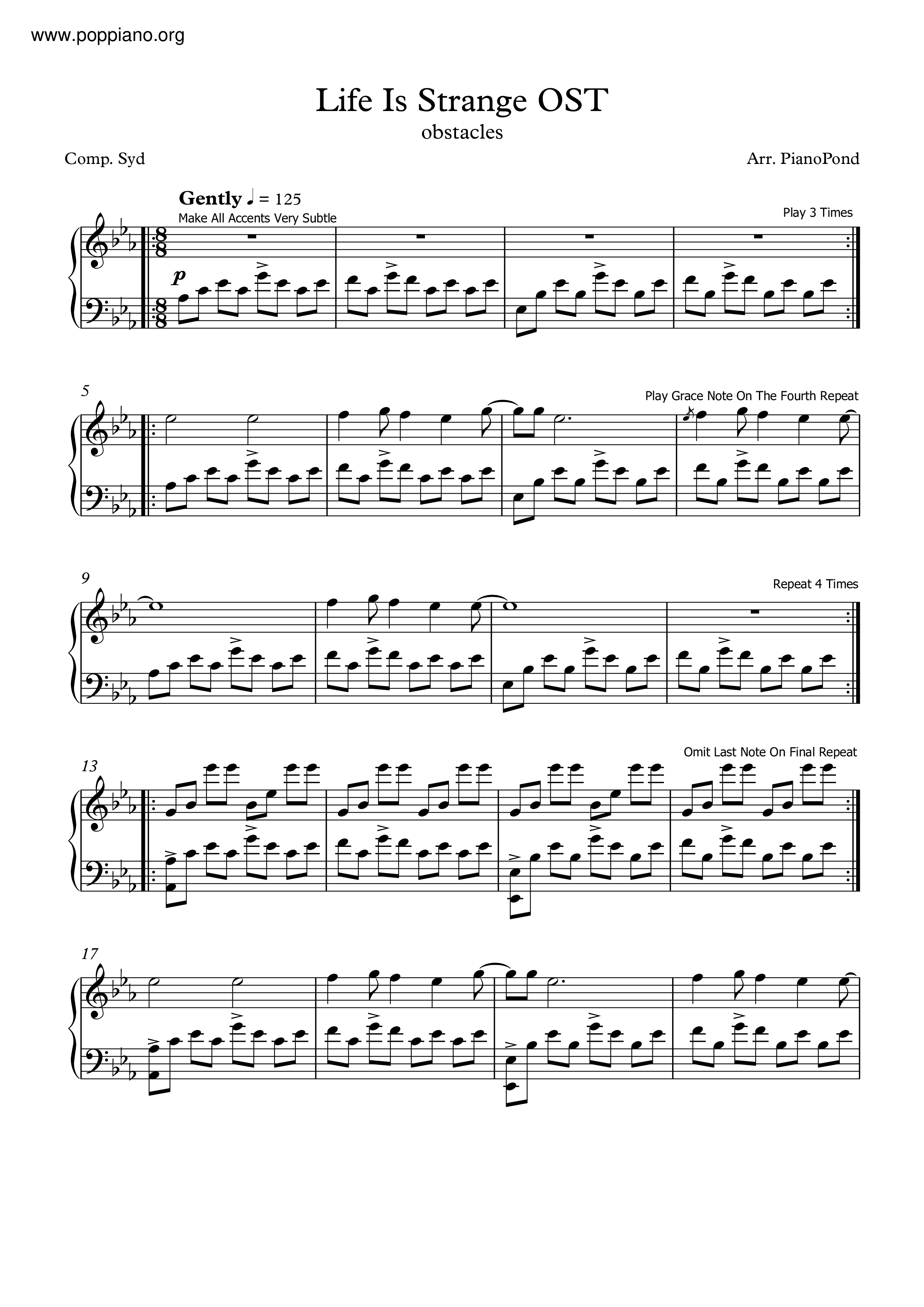 Syd MattersLife Is Strange Obstacles 琴谱/五线谱pdf香港流行钢琴协会琴谱下载 ★