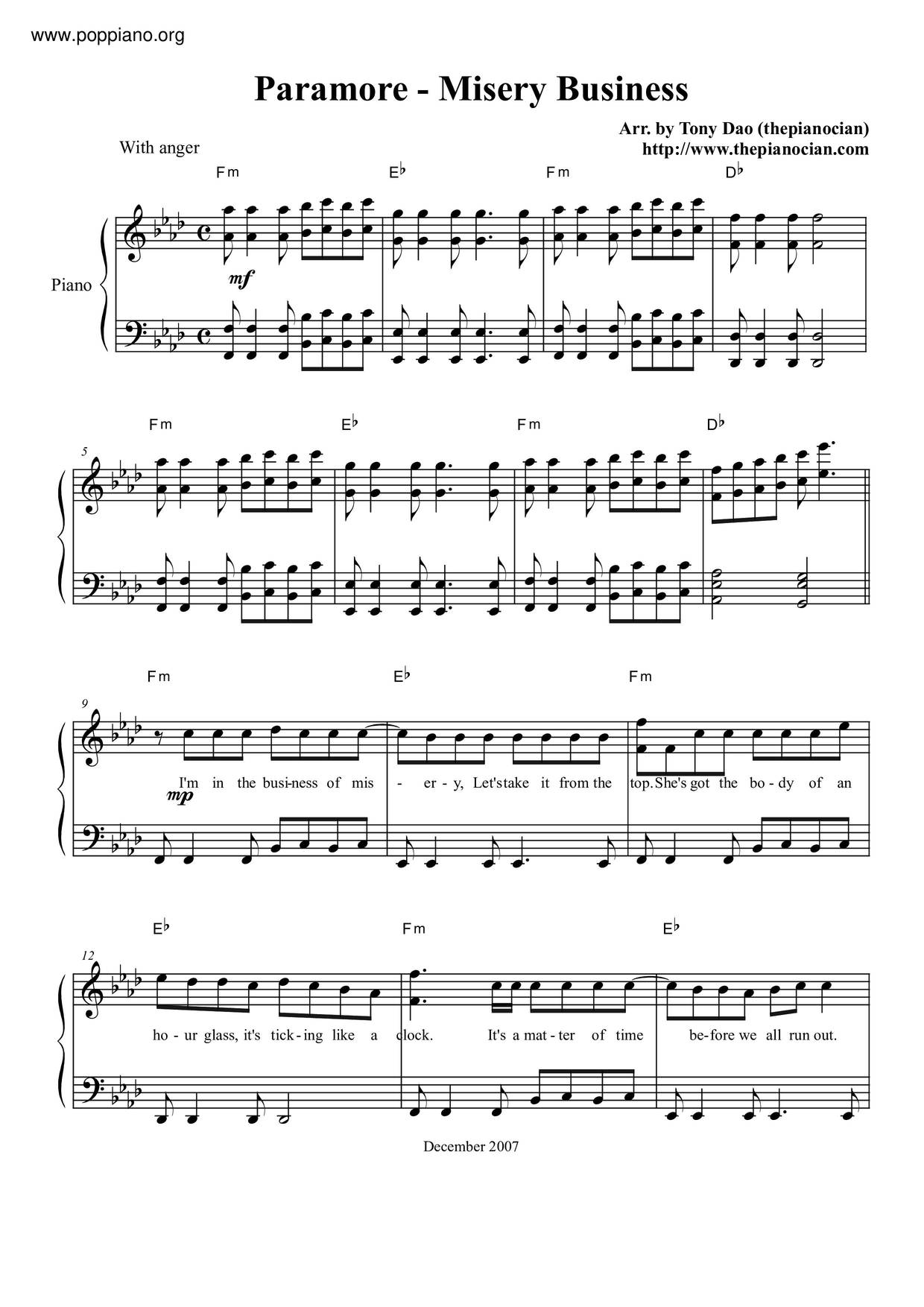 ★Paramore Misery Business ピアノ譜pdf 香港ポップピアノ協会 無料PDF楽譜ダウンロード gakufu