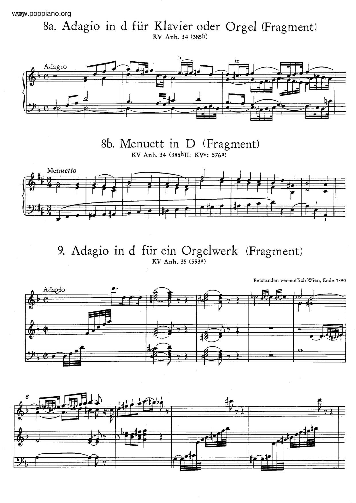 Wolfgang Amadeus MozartAdagio In D Minor, K. Anh. 35/593A 琴谱/五线谱pdf香港