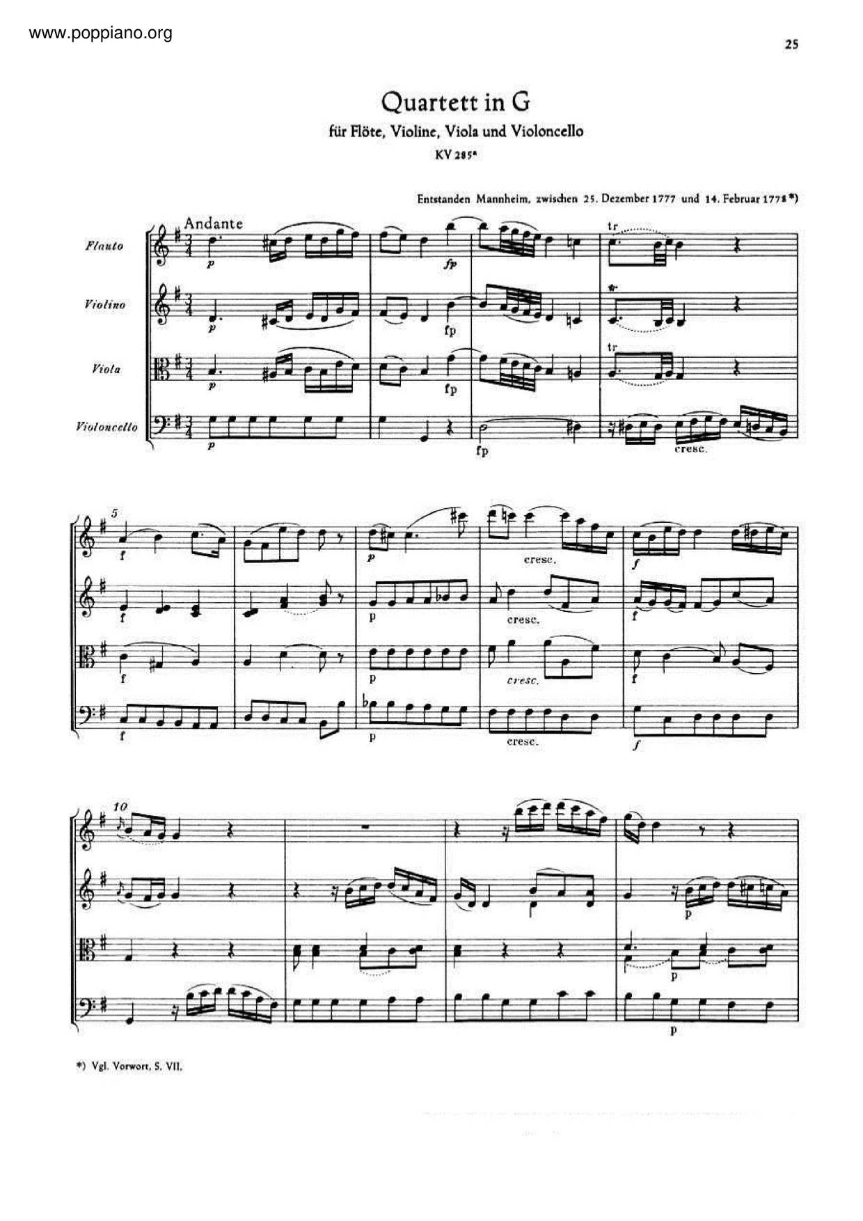 MozartFlute Quartet In G Major, K. 285A Sheet Music pdf, Free Score Download ★