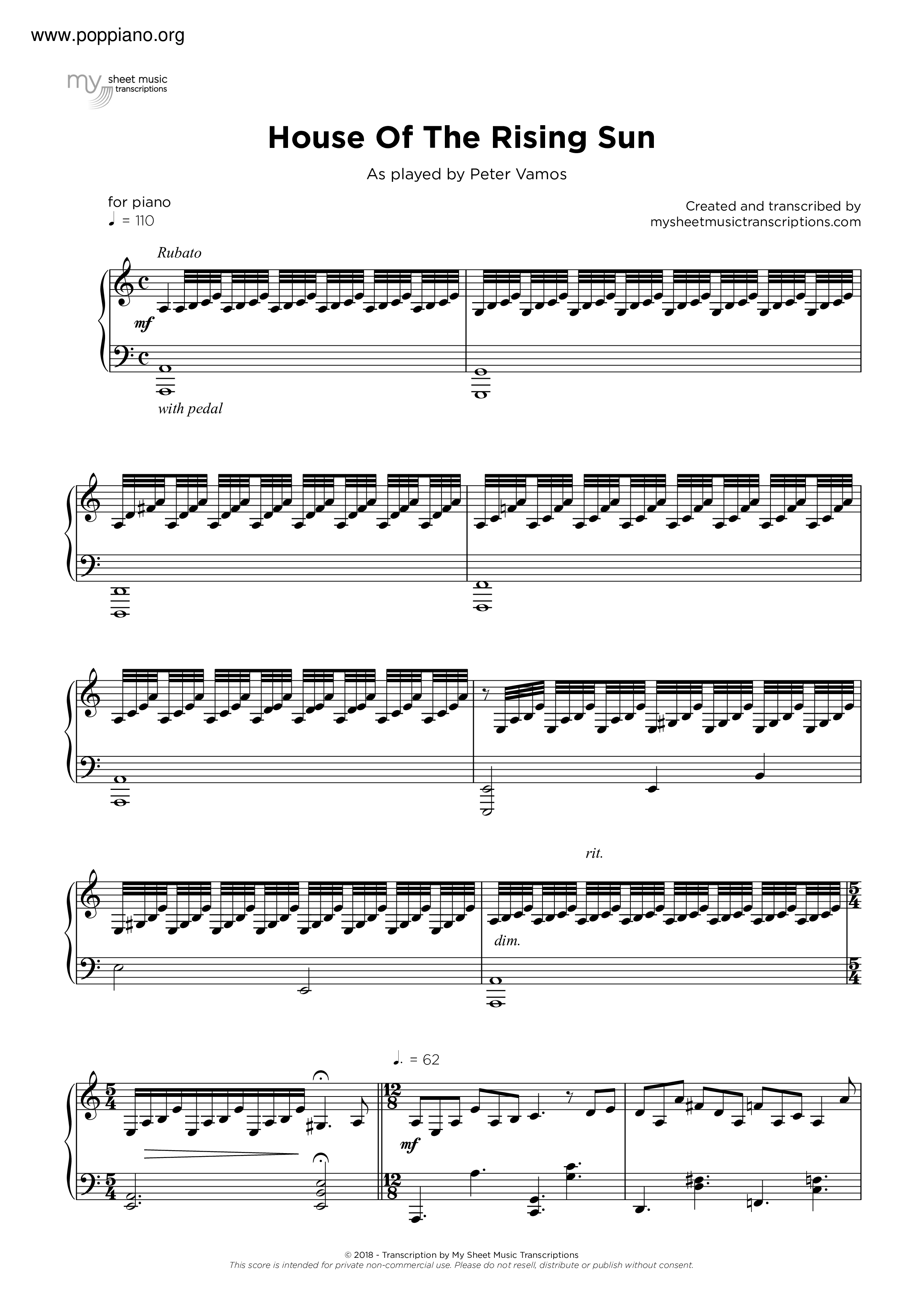 ★The Animals House Of The Rising Sun ピアノ譜pdf 香港ポップピアノ協会 無料PDF楽譜