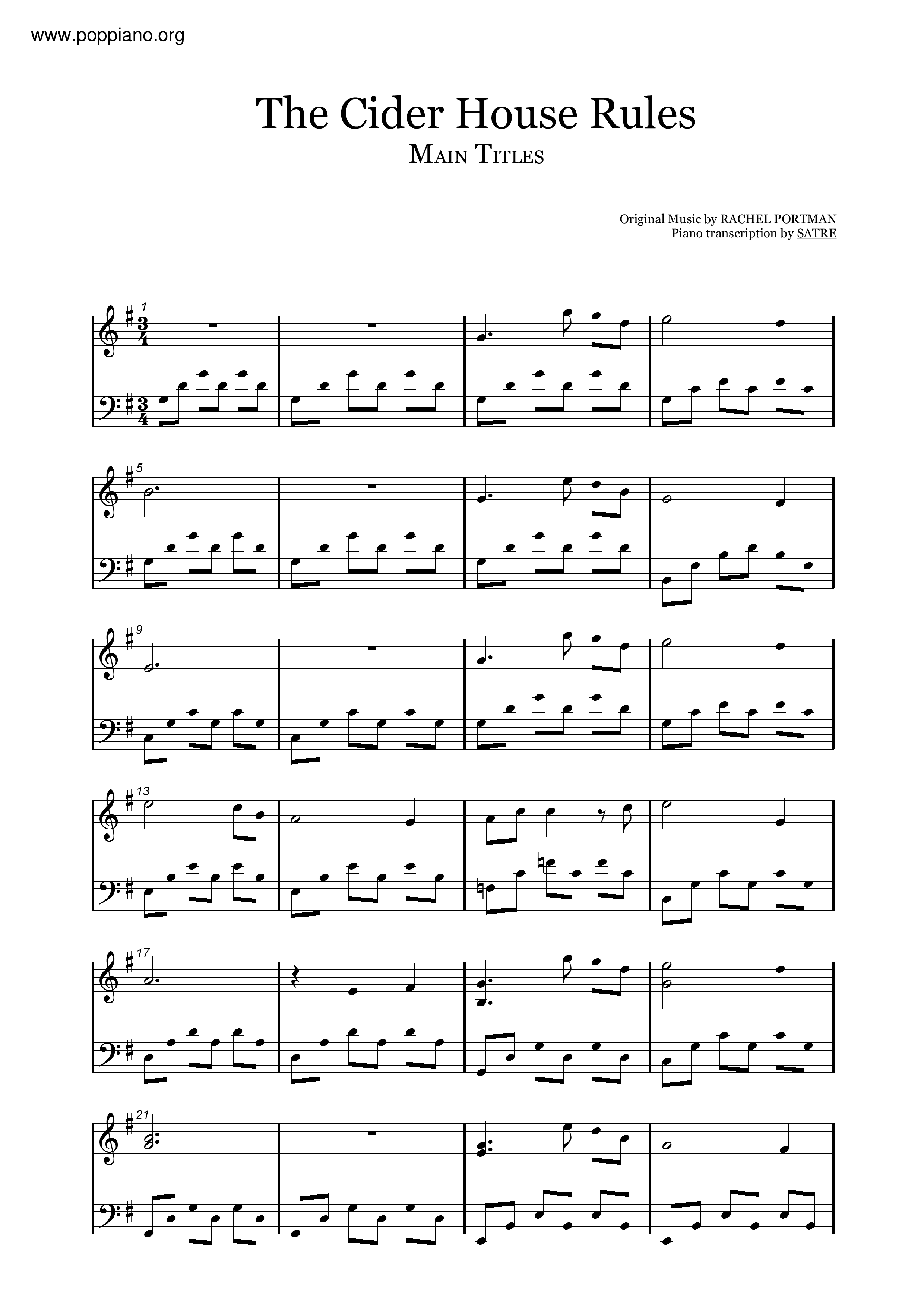 ZelinskyThe Cider House Rules Main Theme Sheet Music pdf, Free Score