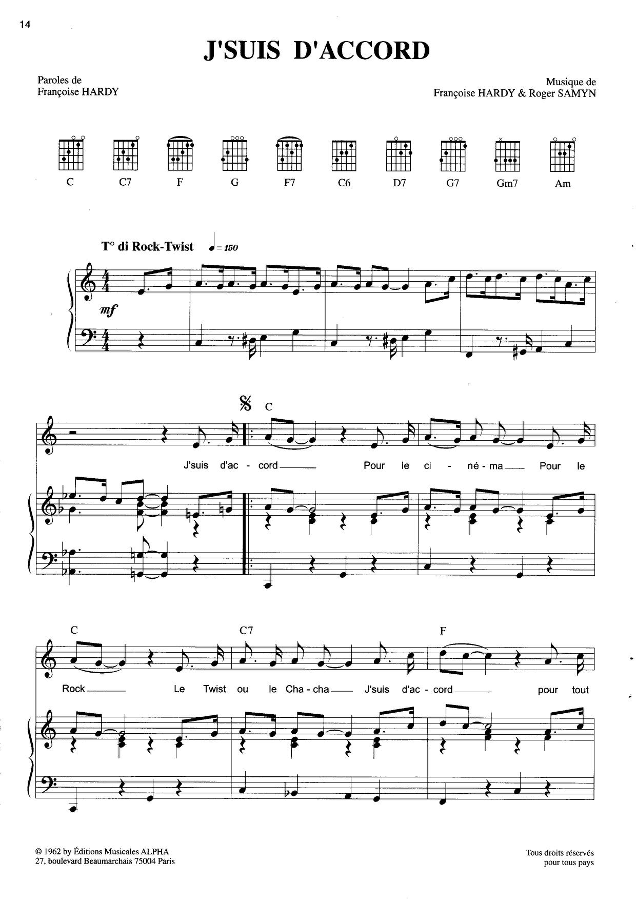 Françoise HardyJe suis d'accord Sheet Music pdf, Free Score Download ★