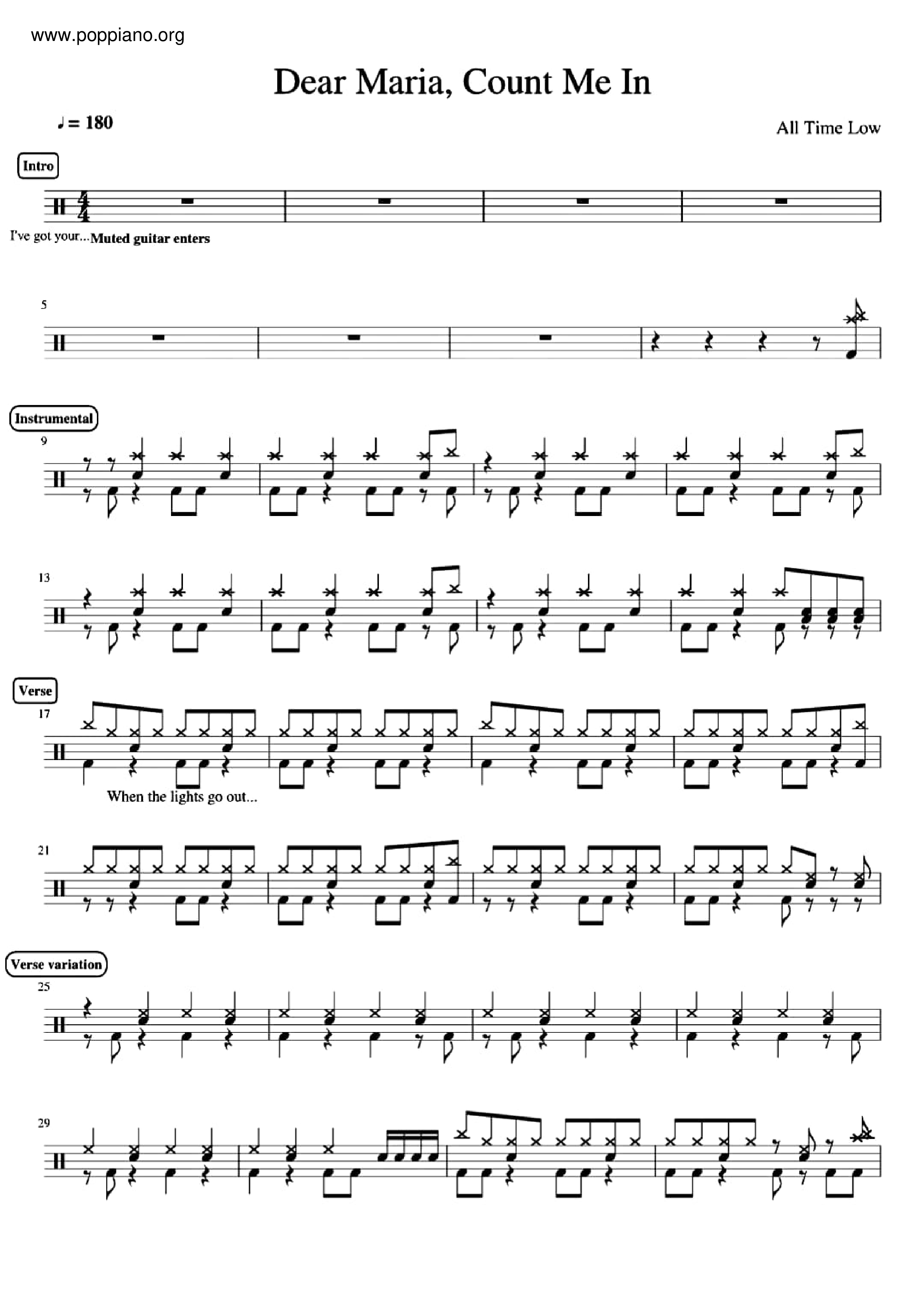 All Time LowDear Maria, Count Me In Drum Tab pdf, Free Score Download ★