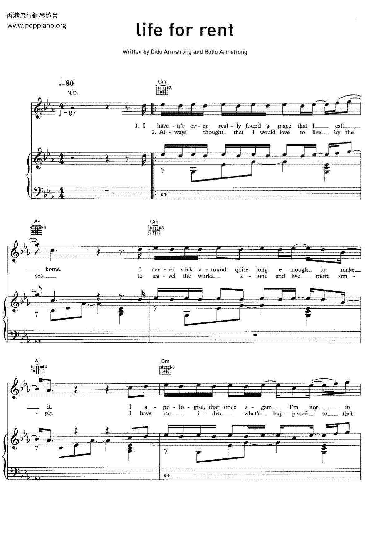 ★Dido Life For Rent ピアノ譜pdf 香港ポップピアノ協会 無料PDF楽譜ダウンロード gakufu