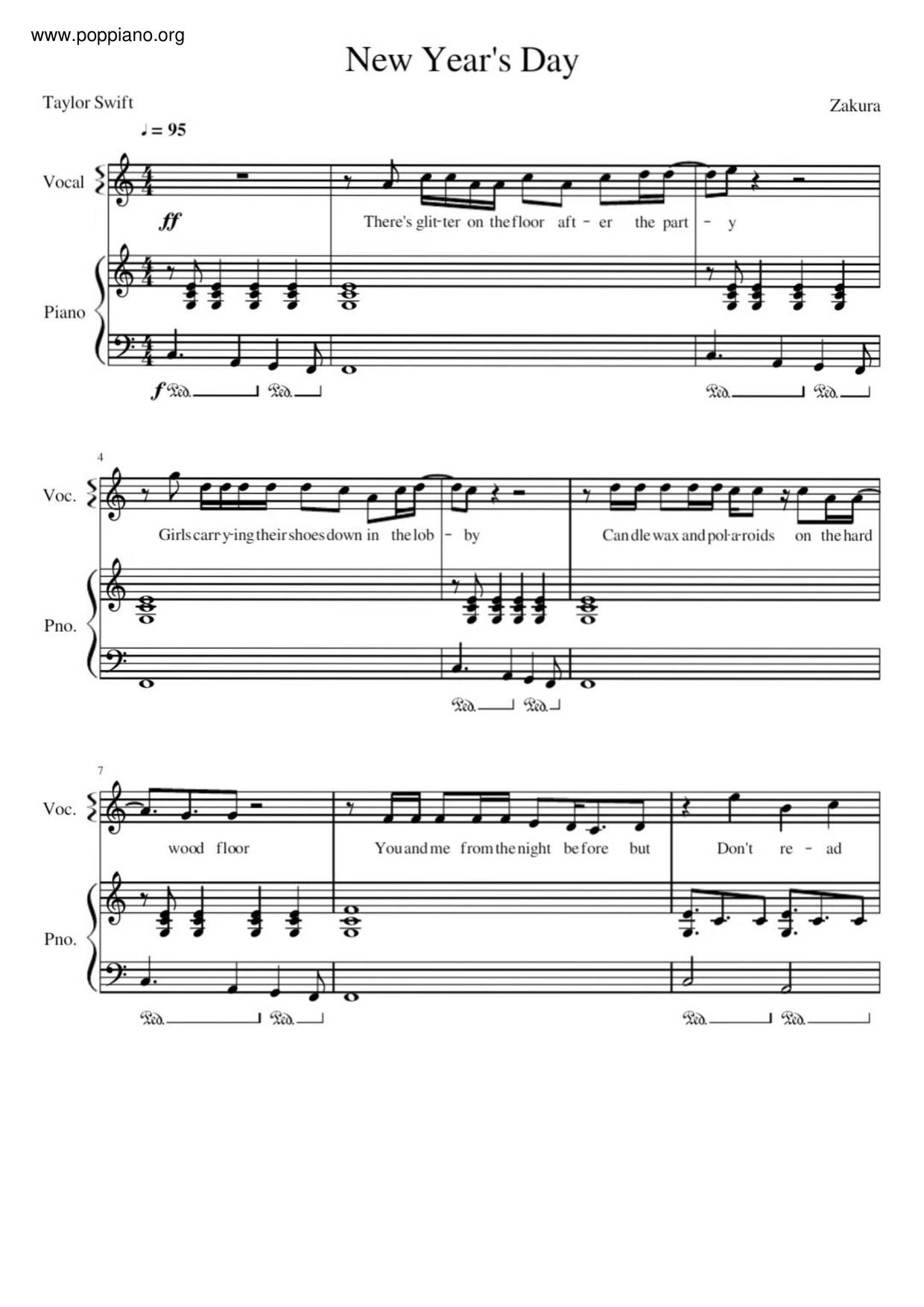 ★Taylor Swift New Year's Day ピアノ譜pdf 香港ポップピアノ協会 無料PDF楽譜ダウンロード gakufu