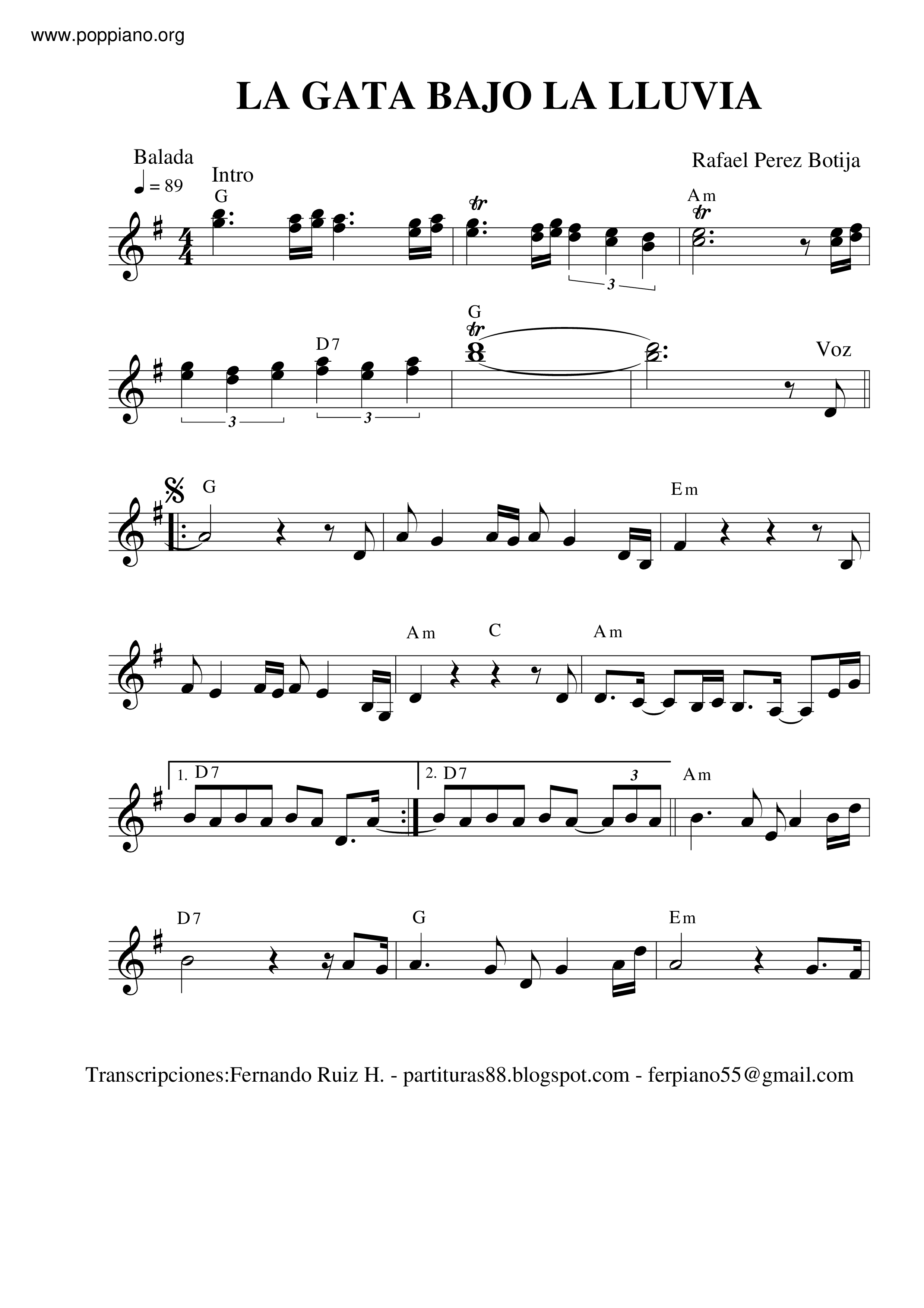 Rocio DurcalLa Gata Bajo La Lluvia 琴谱/五线谱pdf香港流行钢琴协会琴谱下载 ★