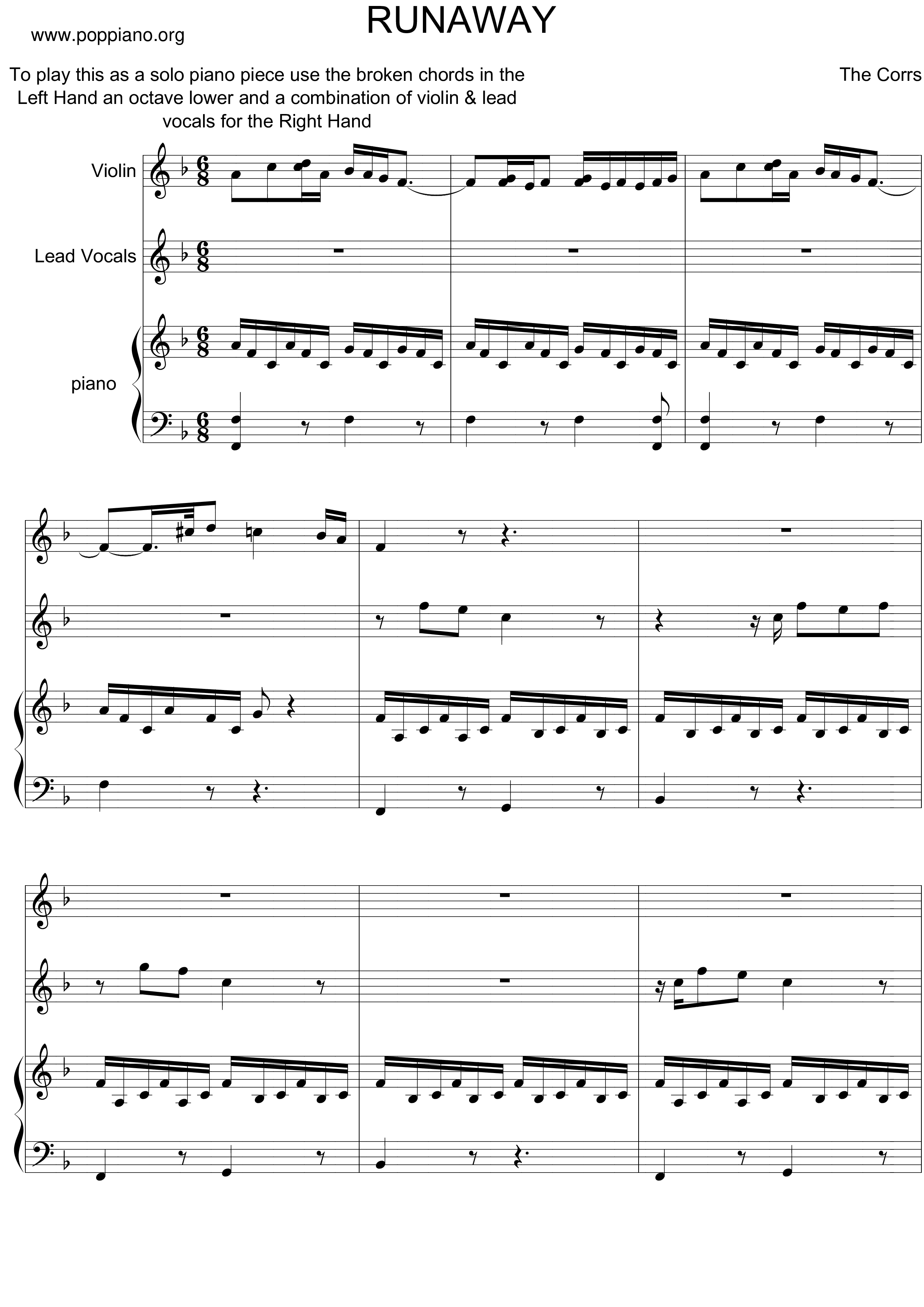 The CorrsRunaway 琴谱/五线谱pdf香港流行钢琴协会琴谱下载 ★