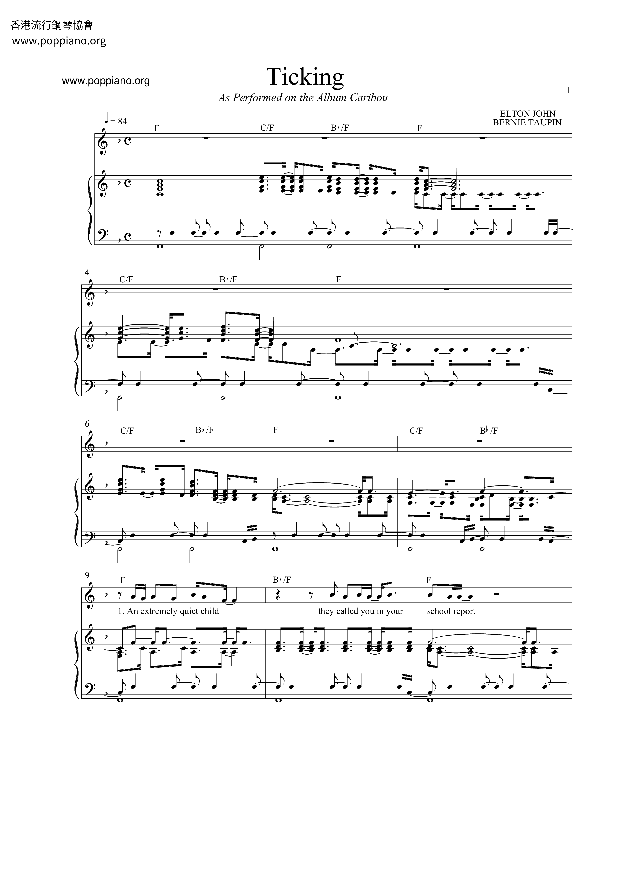 Elton JohnTicking 琴譜pdf香港流行鋼琴協會琴譜下載 ★