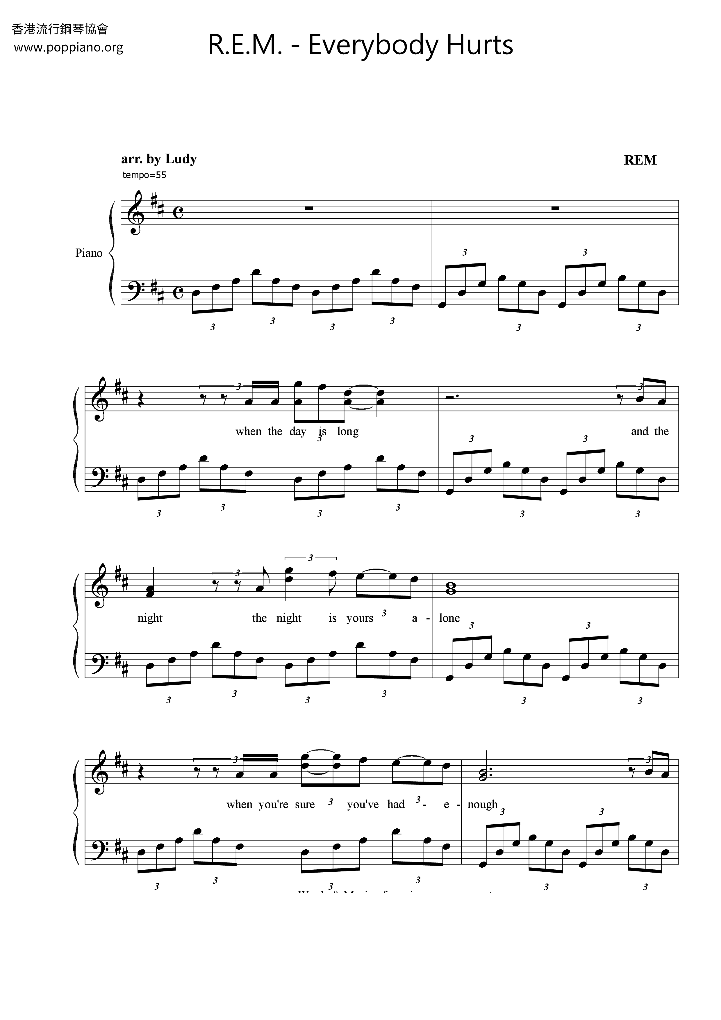 R.E.M.Everybody Hurts Sheet Music pdf, Free Score Download ★
