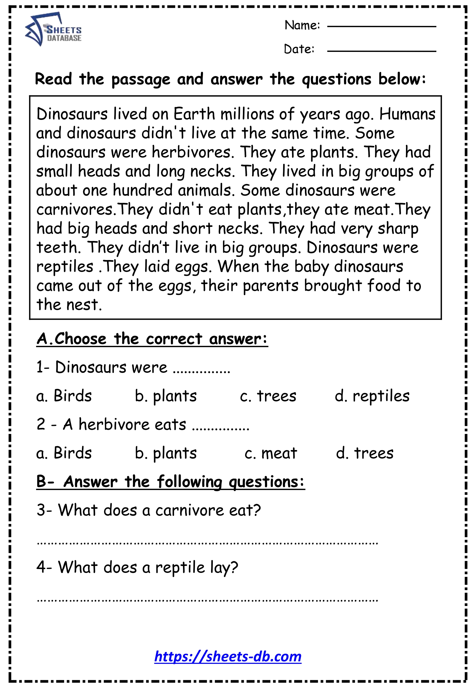 Reading Comprehension passages for 4th graders Sheets