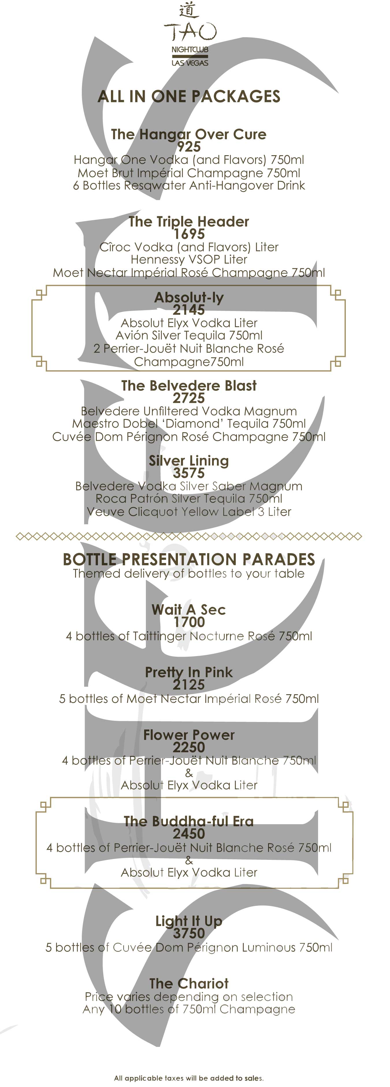 Tao Bottle Service Hotel Room & Packages Floor