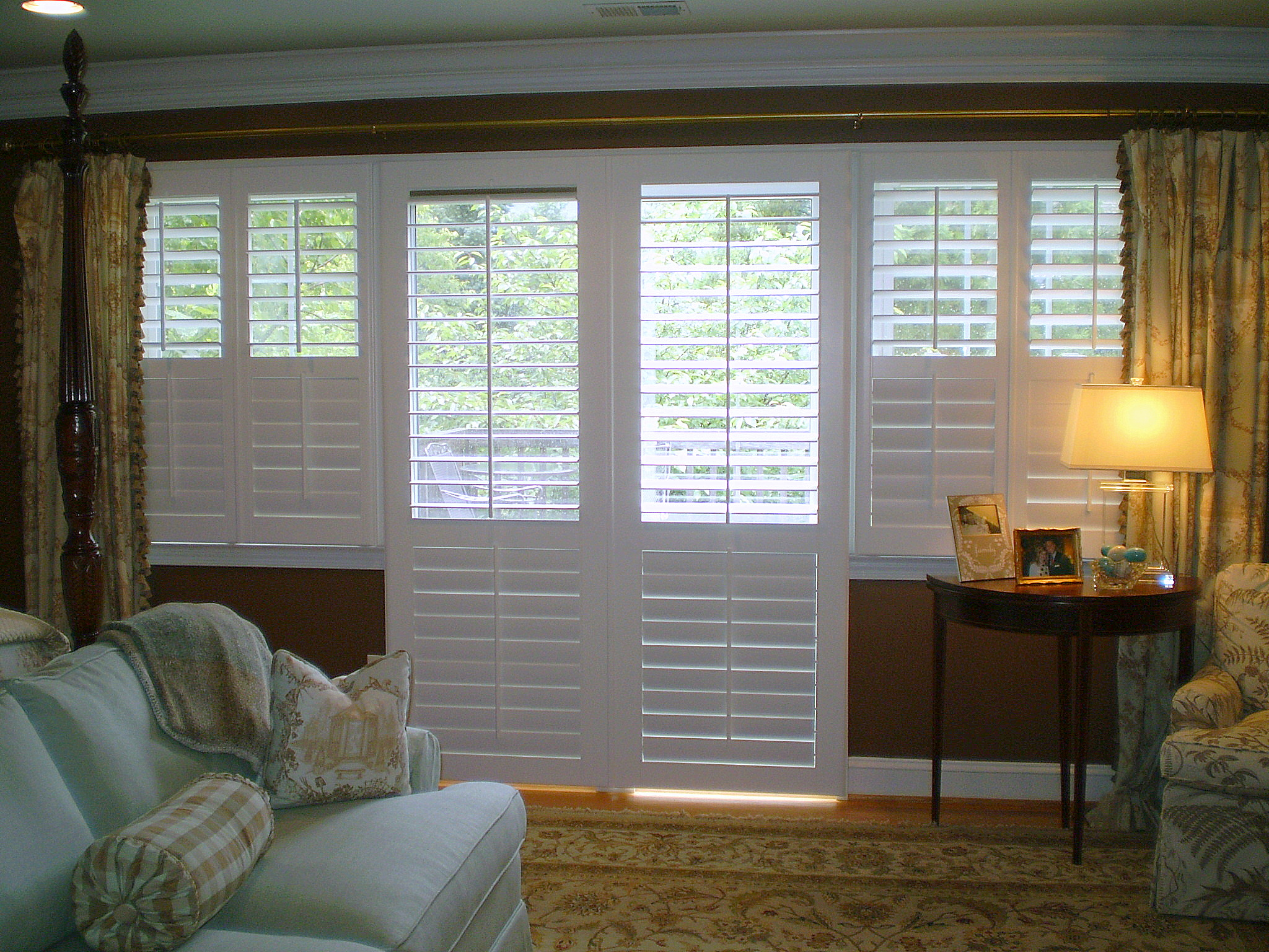 Privacy with our beautiful, wood 'divider rail' plantation shutters