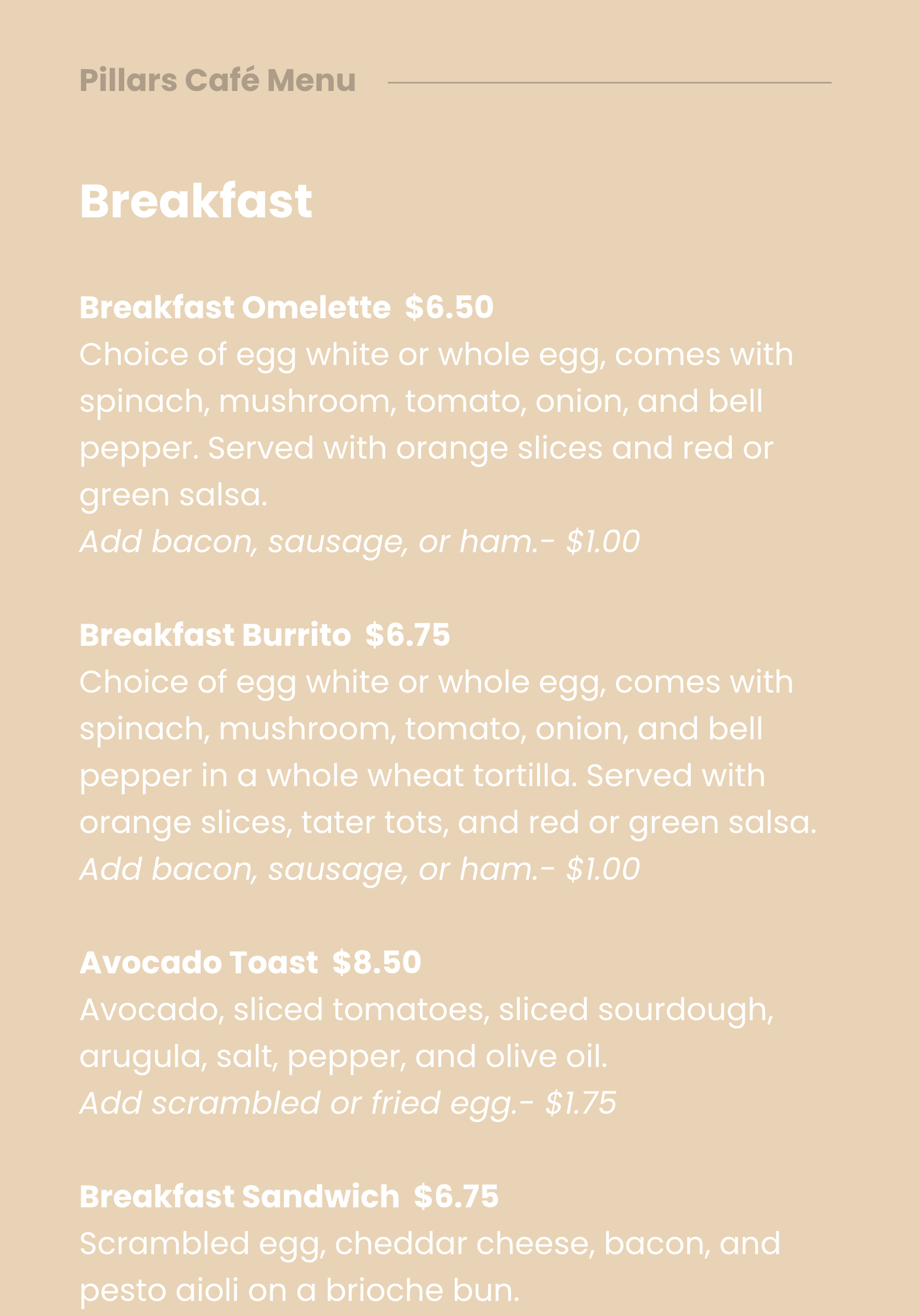 Pillars Café Menu Shepherd Church