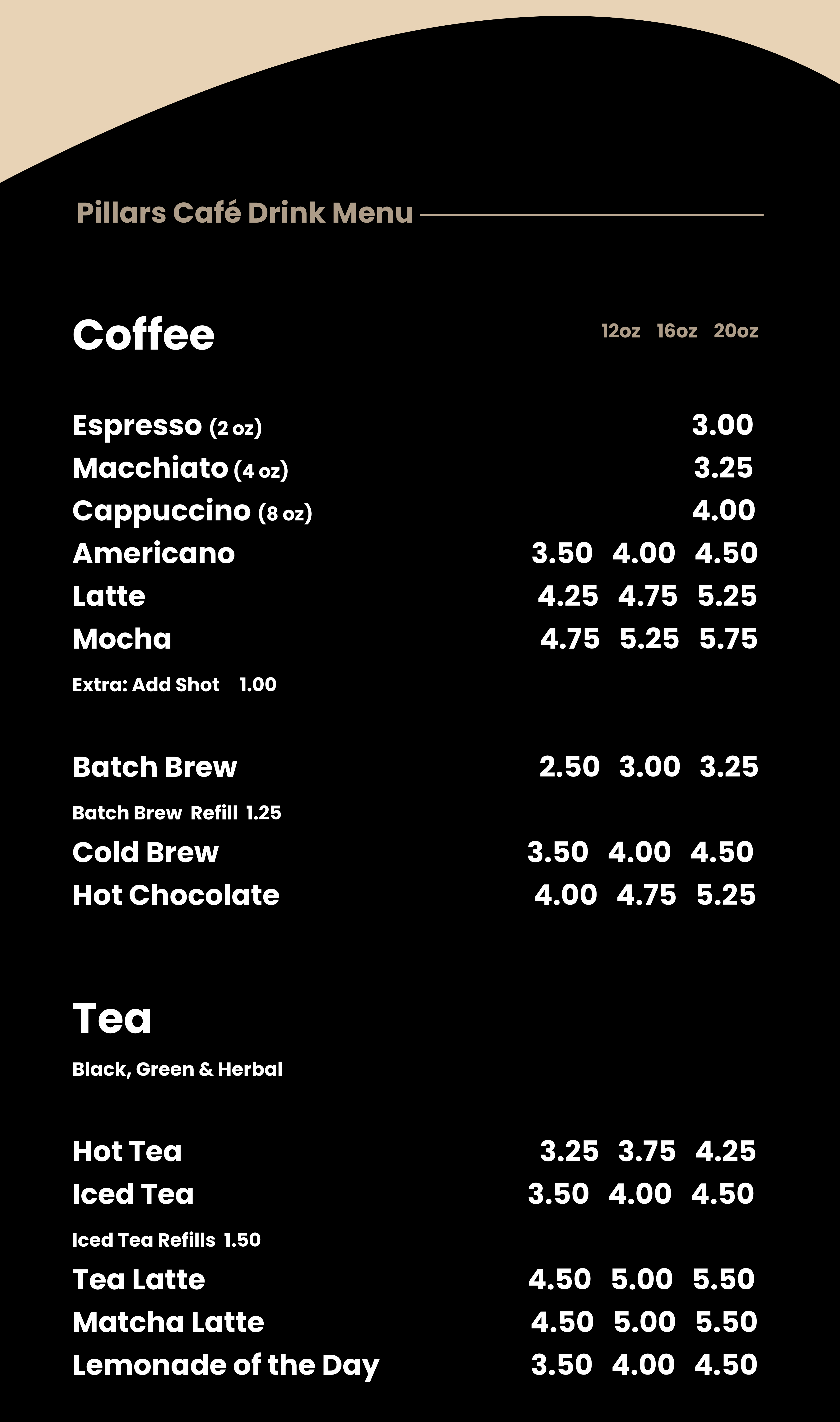 Pillars Café Menu Shepherd Church