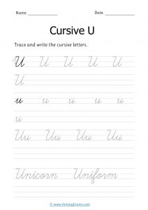 Cursive u - Free cursive writing worksheet for small and capital u practice