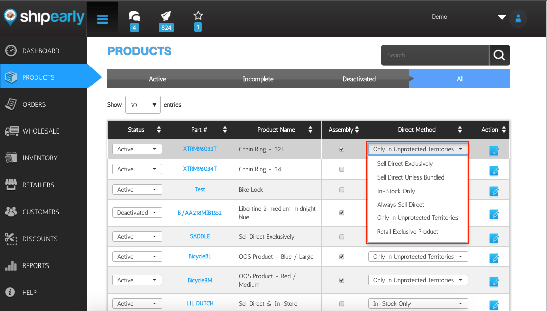 Set Sell Direct Methods for Products ShipEarly