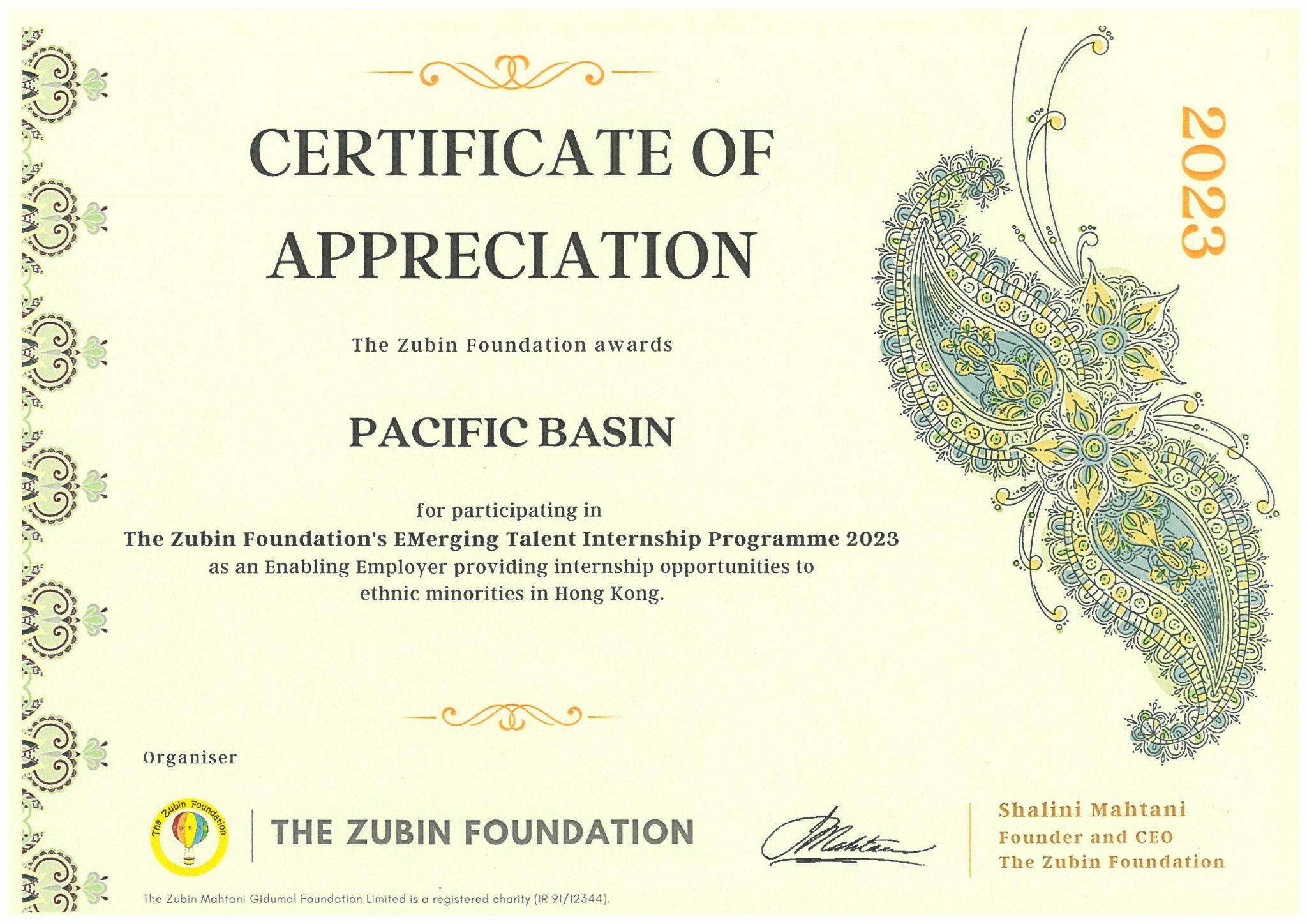 Pacific Basin Shipping recognized by The Zubin Foundation Chamber of