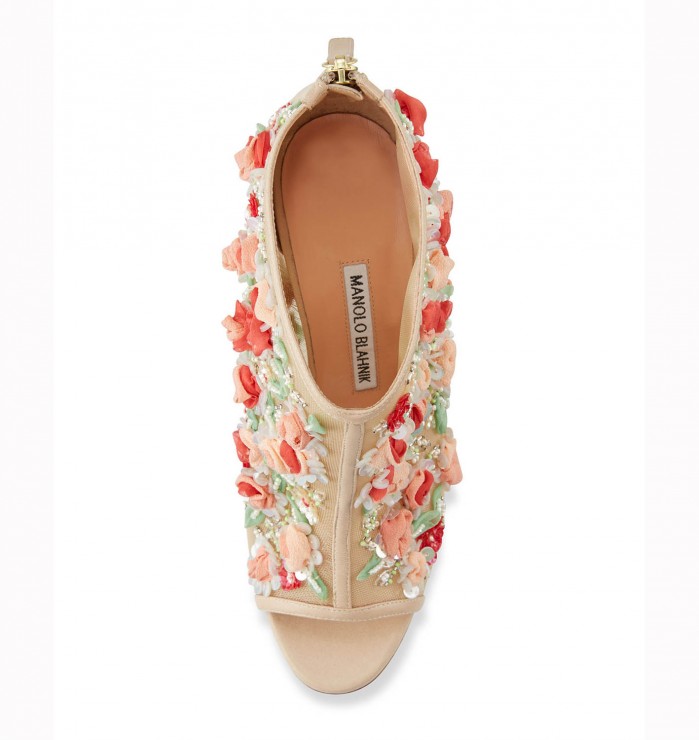 Manolo Blahnik Clizia Mesh Floral PeepToe Bootie, Nude Shoes Post