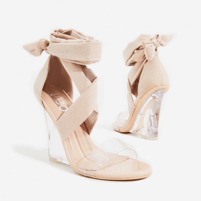 EGO Mai Perspex Wedge Lace Up Heel In Nude Faux Suede Shoes Post