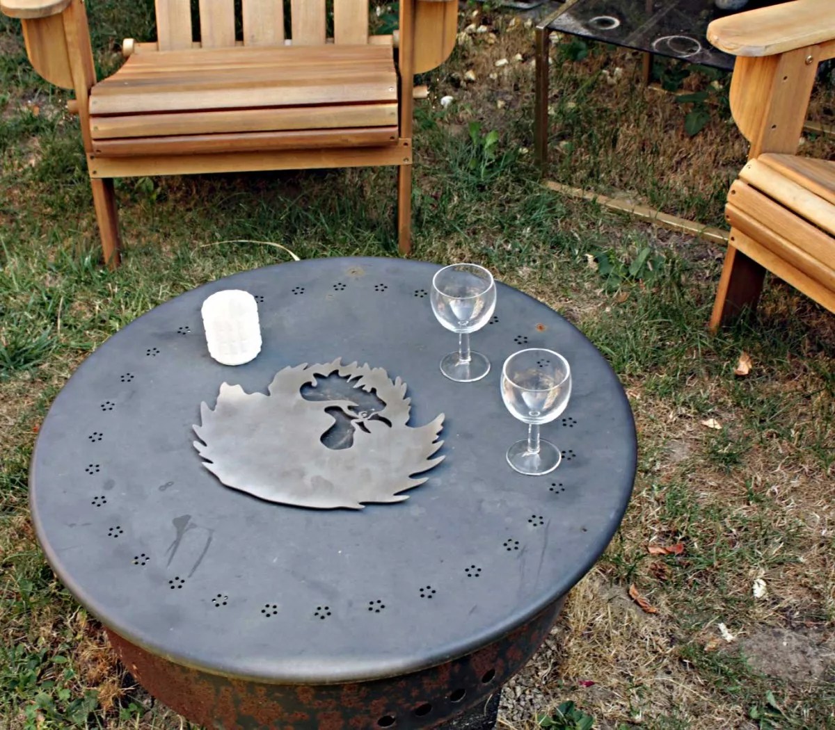 Large decorative metal trivet for centerpieces and kitchen.