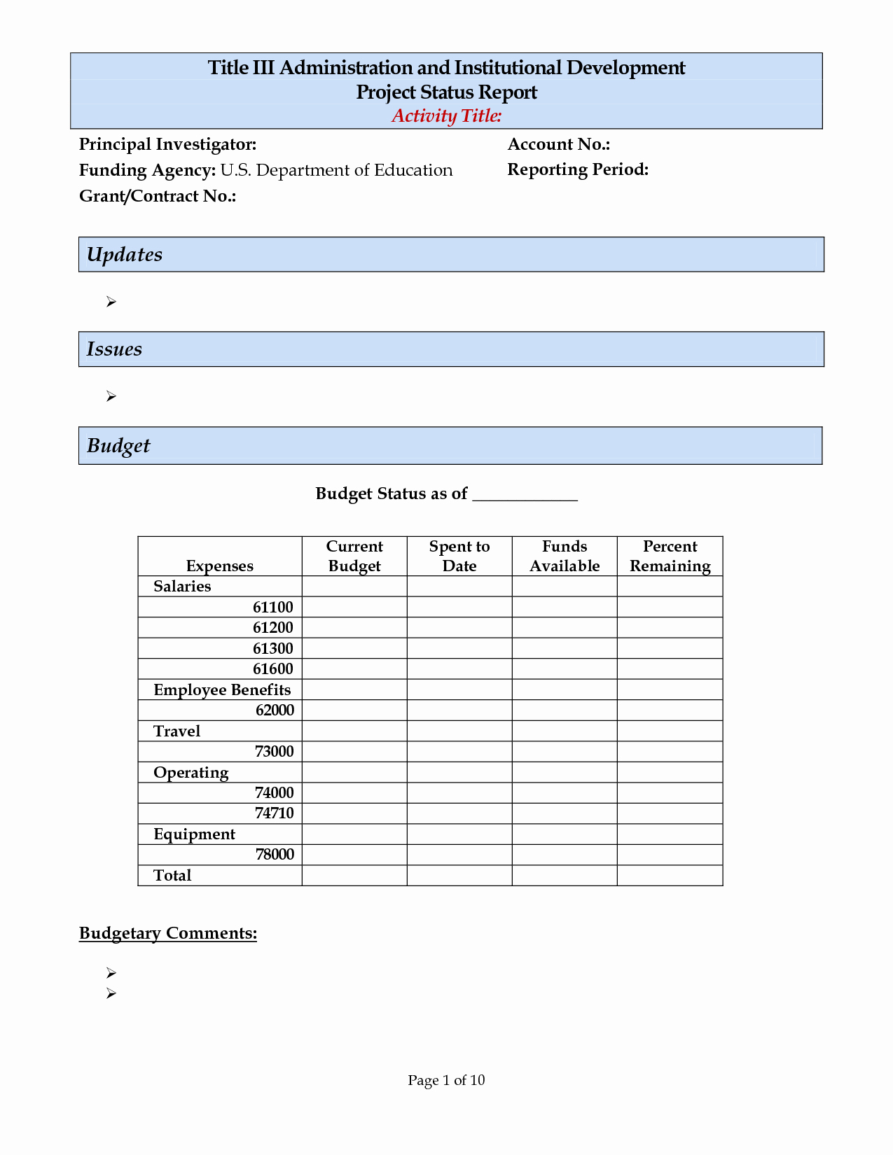 Status Report Template Excel