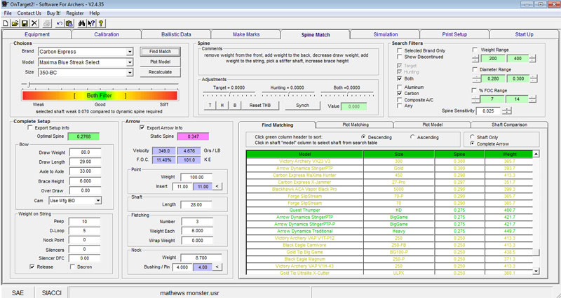 Archery Arrow Selection Using Software