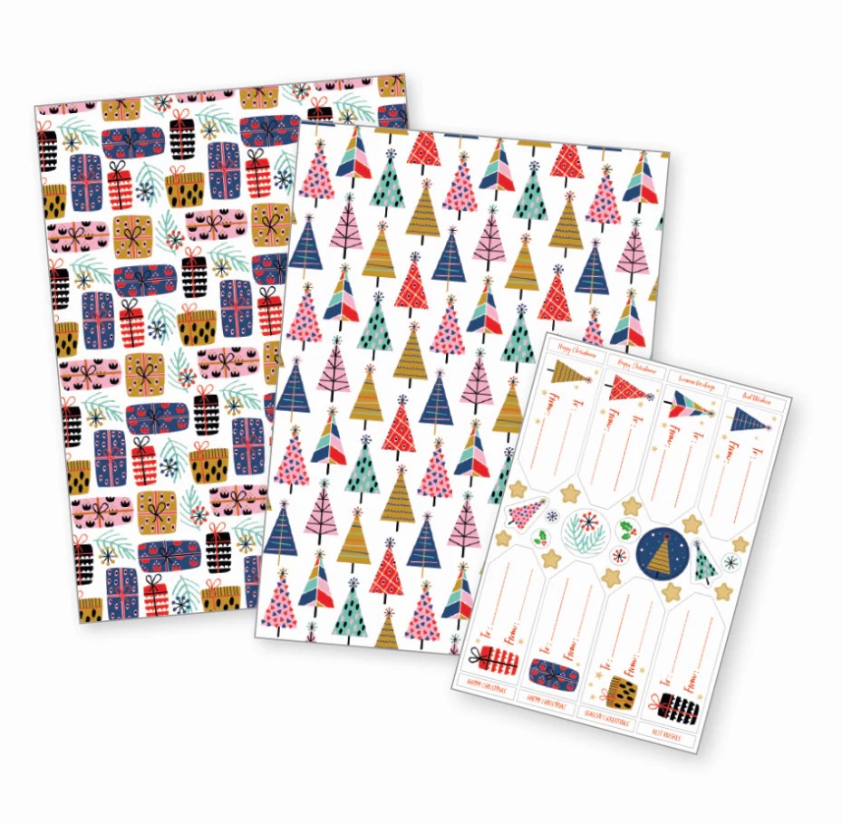 Christmas Tree/Present Wrapping Paper With Sticker Labels Cinnamon Trust