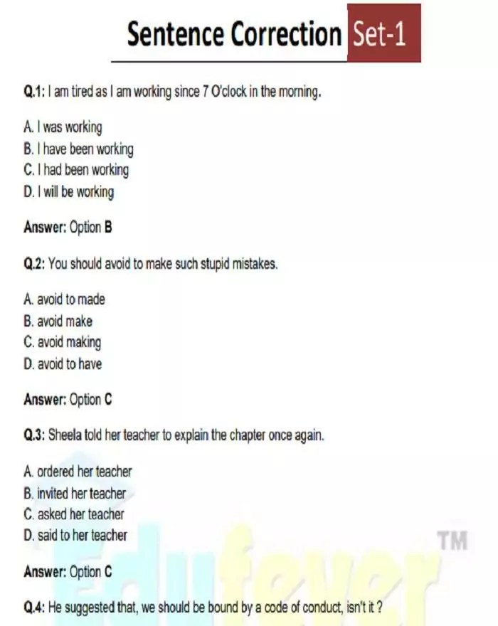 English Comprehension Sentence Correction MCQ EBook for Exam