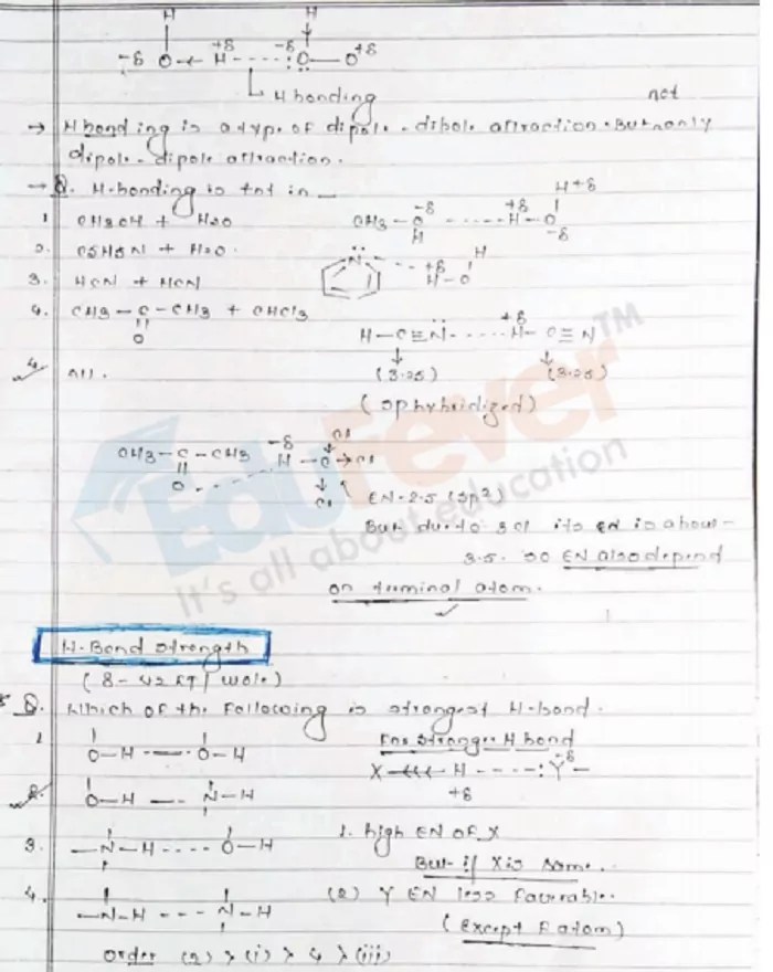 Hydrogen Bonding Hand Written Notes for JEE Mains & NEET