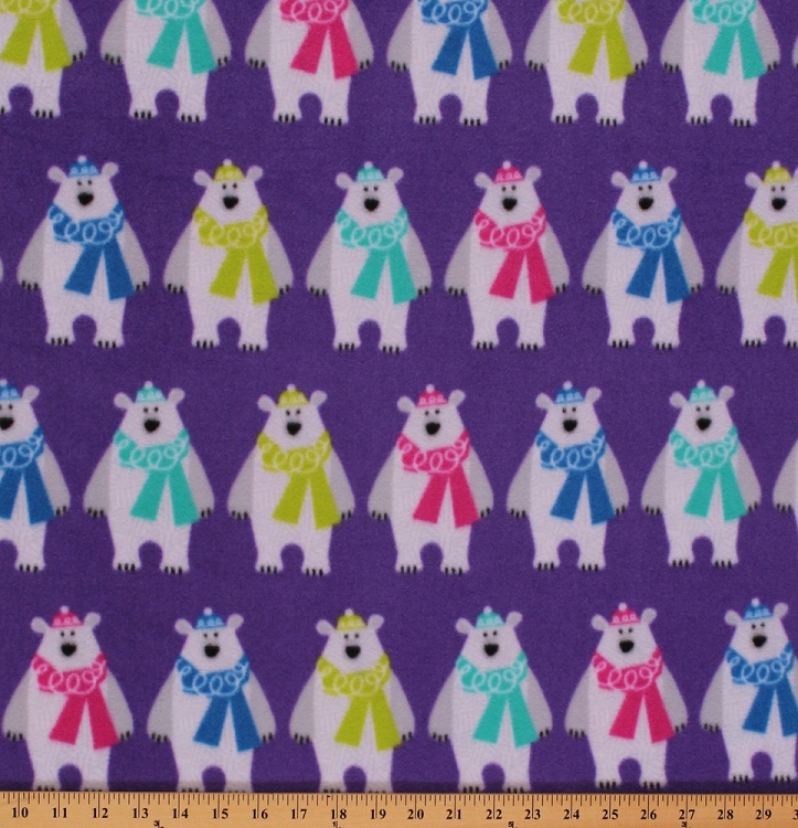 Bundled Up Polar Bear Bears Purple Fleece Fabric Print by the Yard