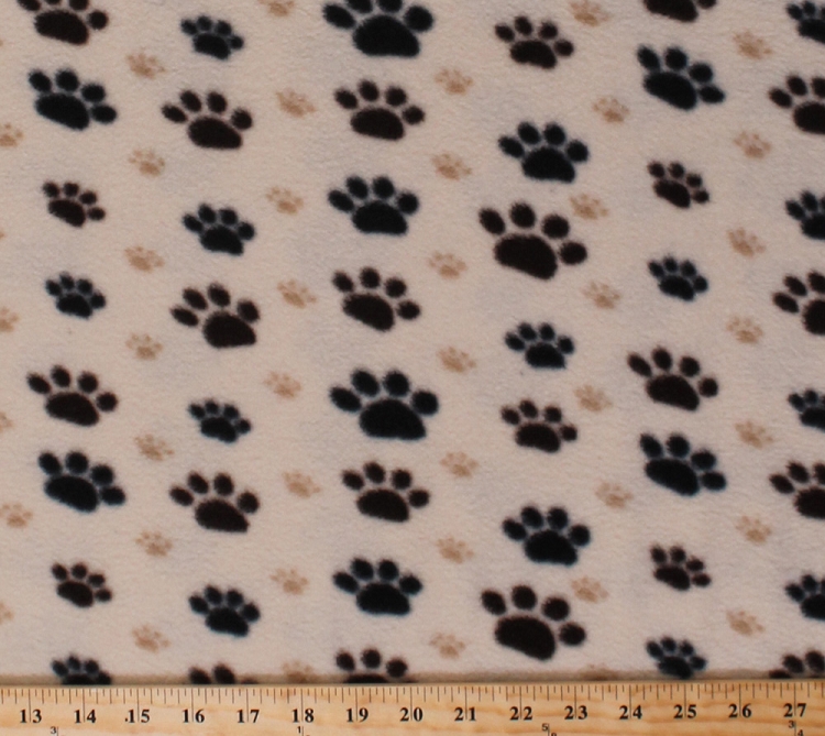 Fleece Large Black Paws with Small Tan Paws Paw Prints Dogs Pets Animals Fleece Fabric Print by