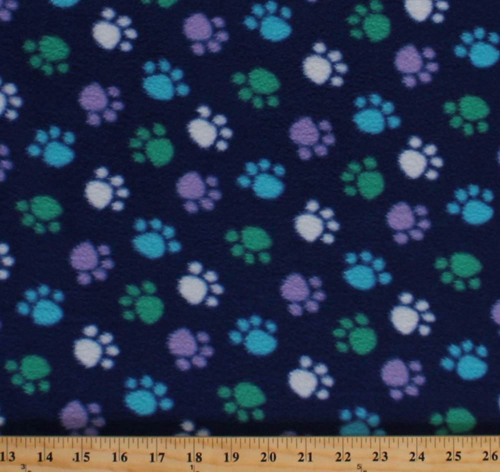 Fleece Blue Green White Purple Paws on Royal Blue Paw Prints Dogs Pets Animals Fleece Fabric