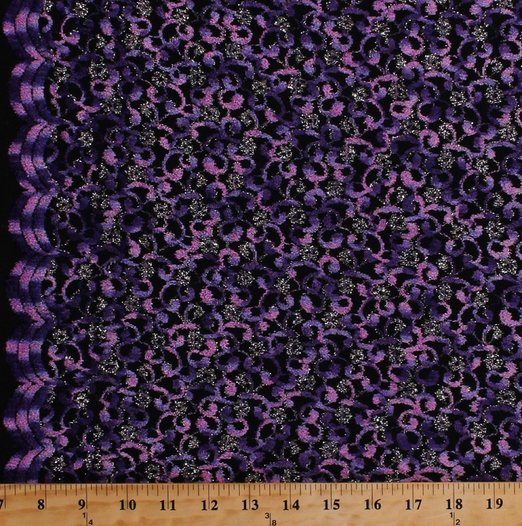 Nylon Spandex Purple Metallic Embroidered Black Silver Stretch Lace