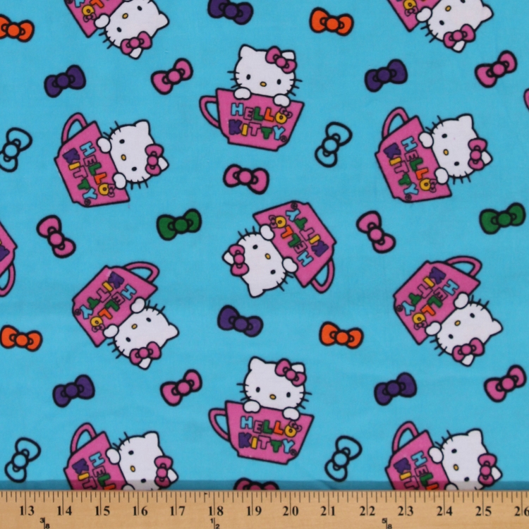 Flannel Hello Kitty Teacup Toss Bows Teal Blue Cat Cotton Flannel