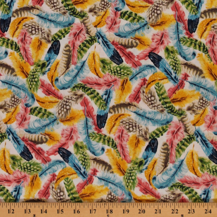 Cotton Birds Feathers MultiColored on Cream Animal Cotton Fabric Print