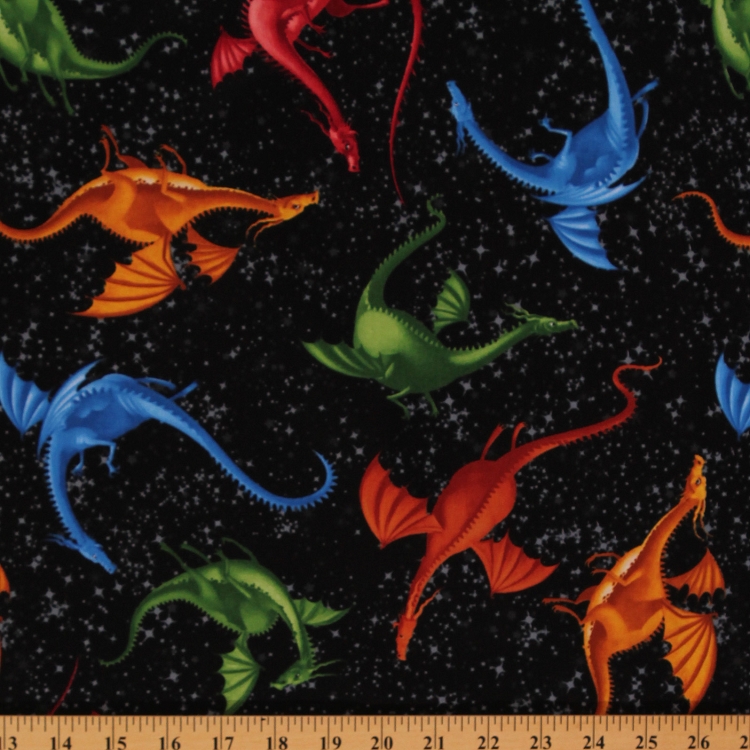 Cotton Black Dragons Fantasy Mythical Creatures NIght Cotton Fabric