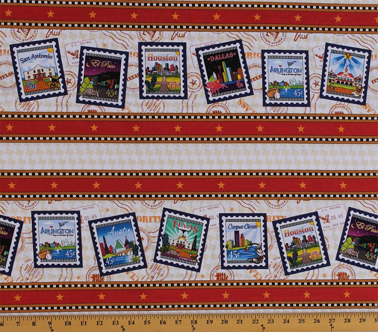 Cotton Quilt Across Texas U.S. Postage Symbols Stamps Mail Texas Cities (4 Parallel Stripes