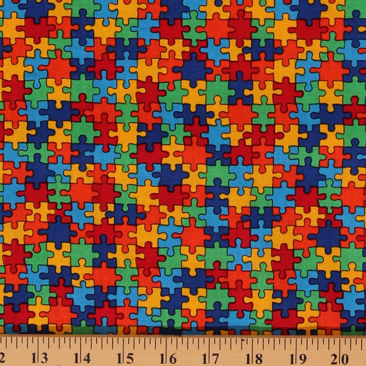 Cotton Puzzle Pieces Autism Awareness MultiColored Cotton Fabric Print