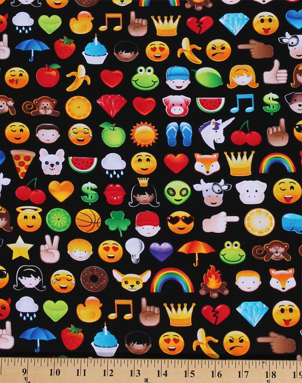 Cotton Emoji Smiley Faces Hearts Monkey Monkeys Fruit Animals on Black