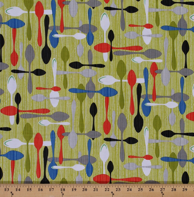 Cotton Spoons Cooking Utensils Kitchen Green Cotton Fabric Print by the