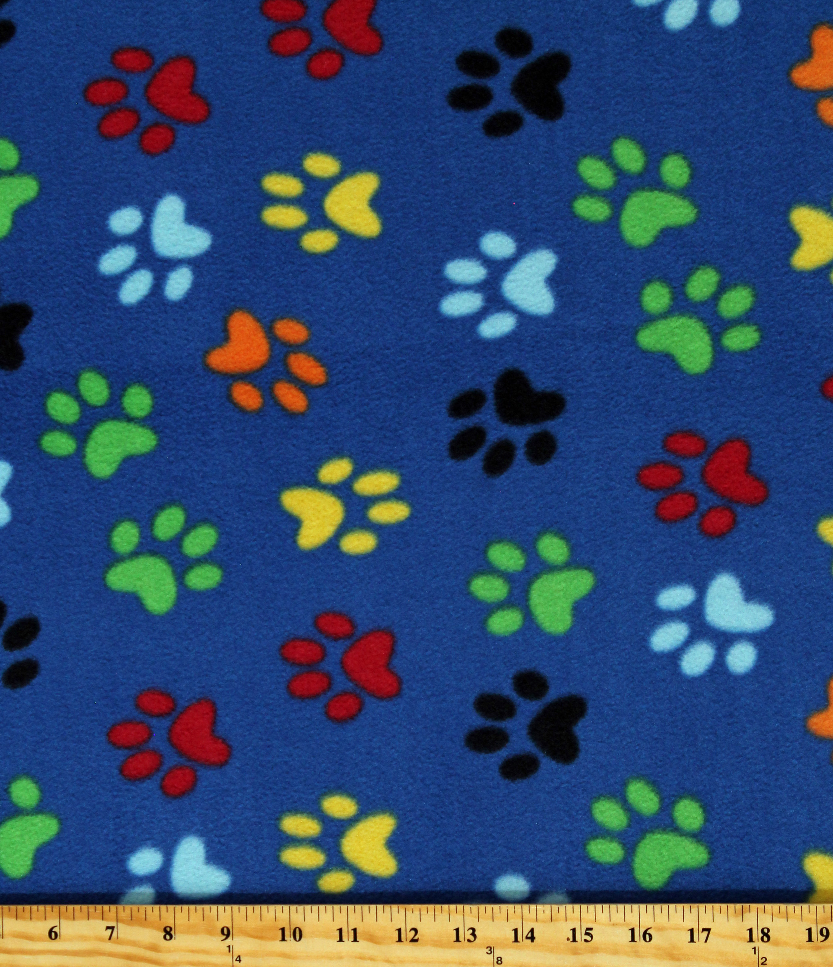 Fleece Paw Prints Pawprints Multicolored Paws on Blue Dogs Pets Animals