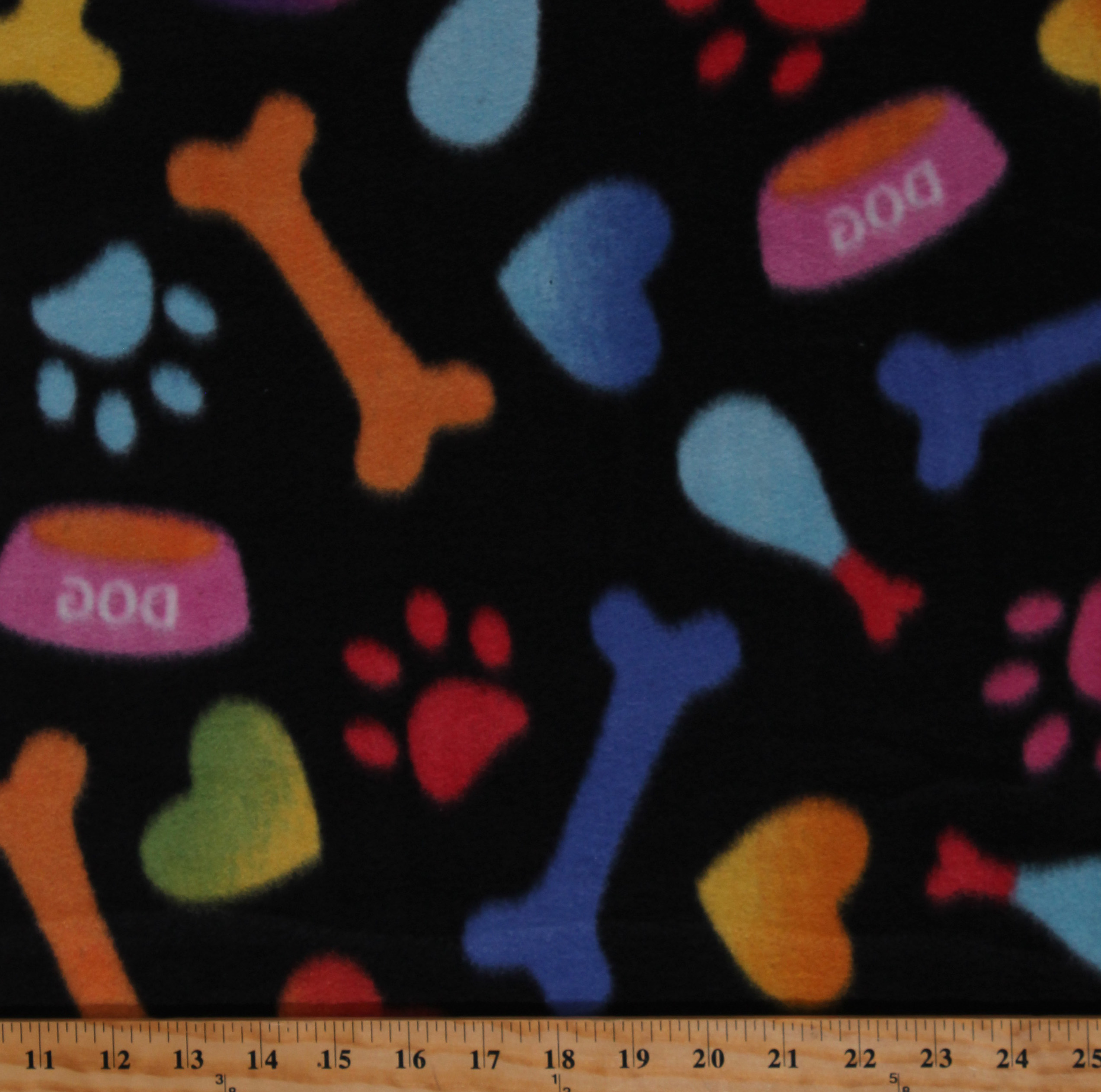 Fleece Multicolored Paw Prints Pawprints Dog Bones Dog Food Bowls Dish Paws Black Fleece Fabric