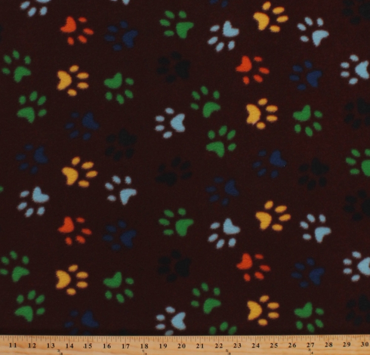 Fleece Colorful Paws on Brown Dogs Puppies Puppy Paw Prints Animal Pets