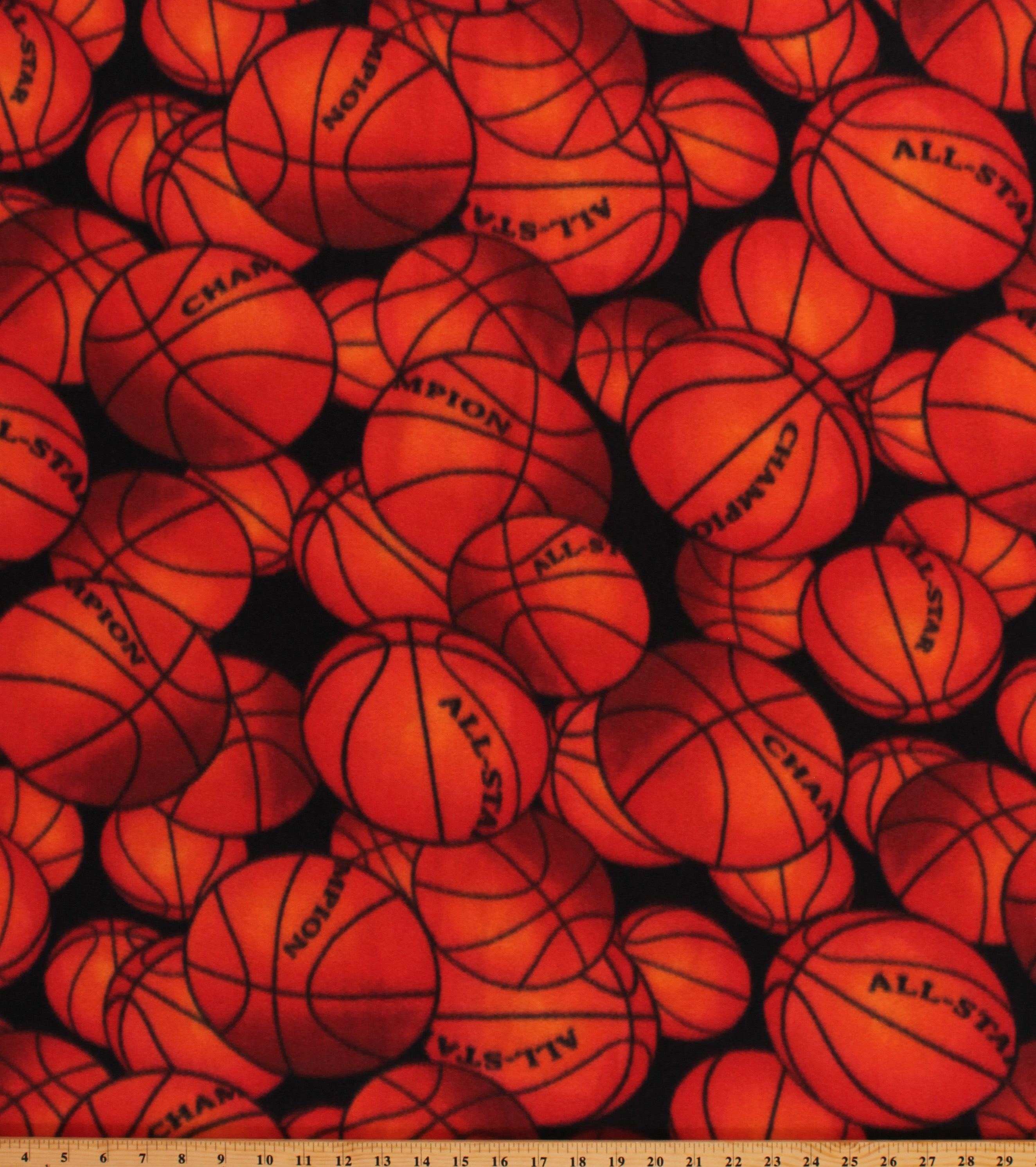 Fleece Basketballs Orange Balls on Black Sports Fleece Fabric Print by