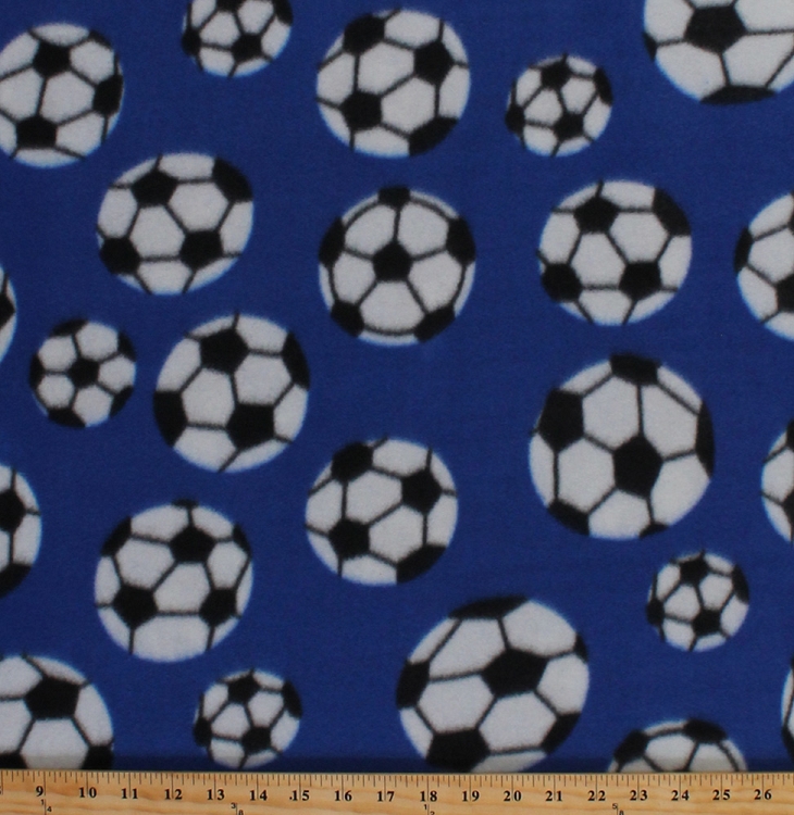 Fleece Soccer Balls Tossed Soccerballs on Blue Sports Fleece Fabric