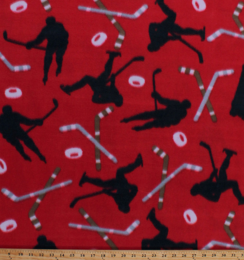 Fleece Hockey Players Hockey Sticks and Pucks on Red Winter Sports