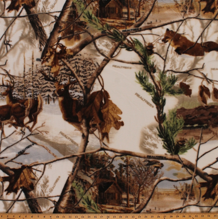 Realtree Winter Camo Woods Leaves Fox Deer Cabin Fleece Fabric Print by