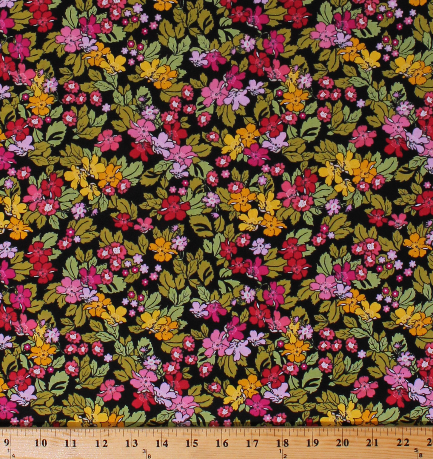 Cotton Leonora's Flowers Floral Pink Yellow Green on Black Cotton